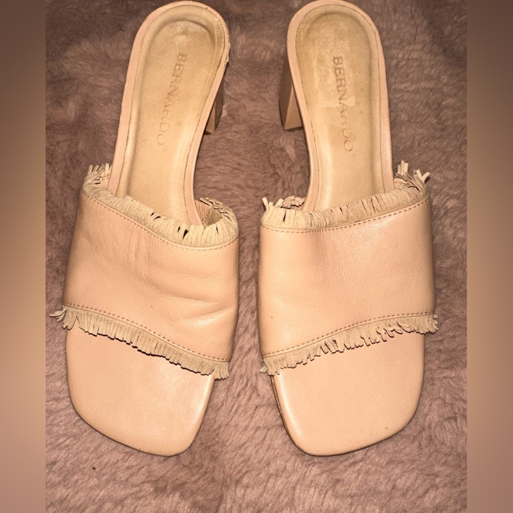 Bernardo light pink fringe trim slip on block heel boho western spring summer